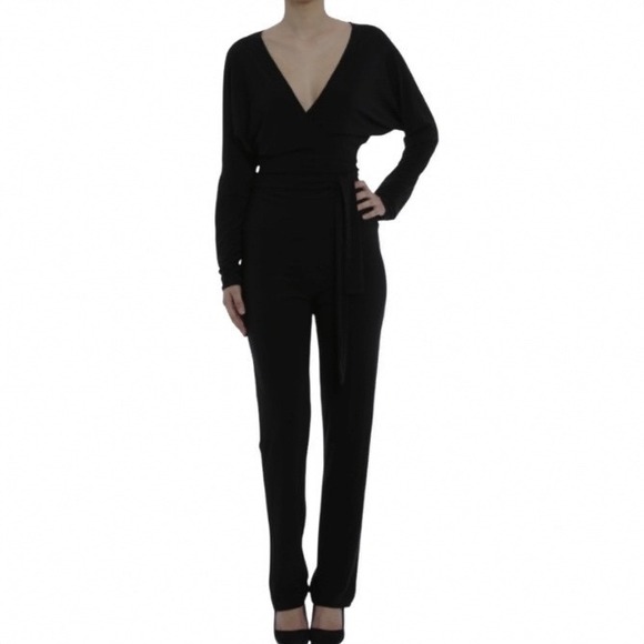 Norma Kamali Pants - Norma Kamali Dolman V Neck Catsuit Black Stretch Jersey Jumpsuit KK424JPLG62001